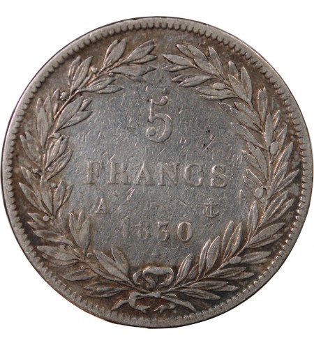 LOUIS-PHILIPPE﻿ - 5 FRANCS ARGENT 1830 A PARIS "Type Tiolier sans le I, Tr relief"