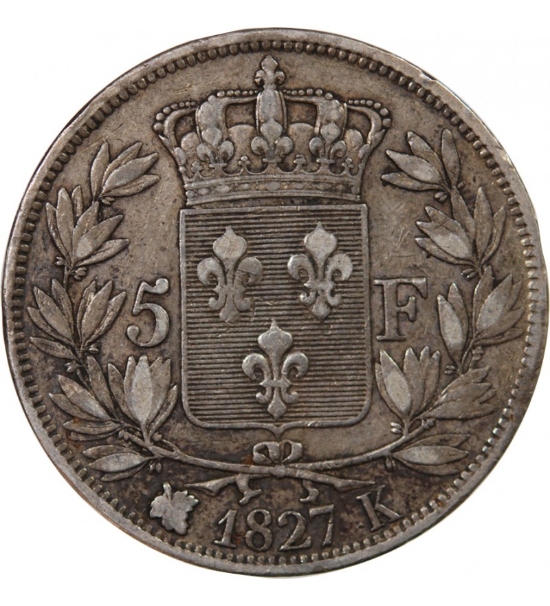 CHARLES X - 5 FRANCS ARGENT 1827 K BORDEAUX