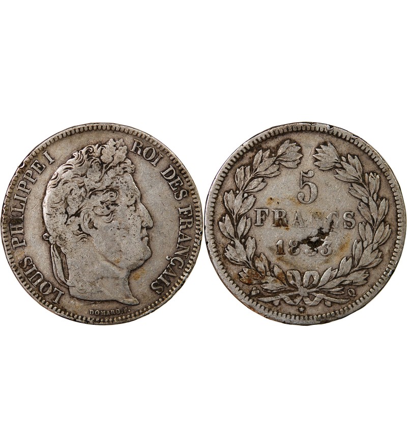 LOUIS-PHILIPPE Ier - 5 FRANCS 1833 Q PERPIGNAN " Tranche en Relief"