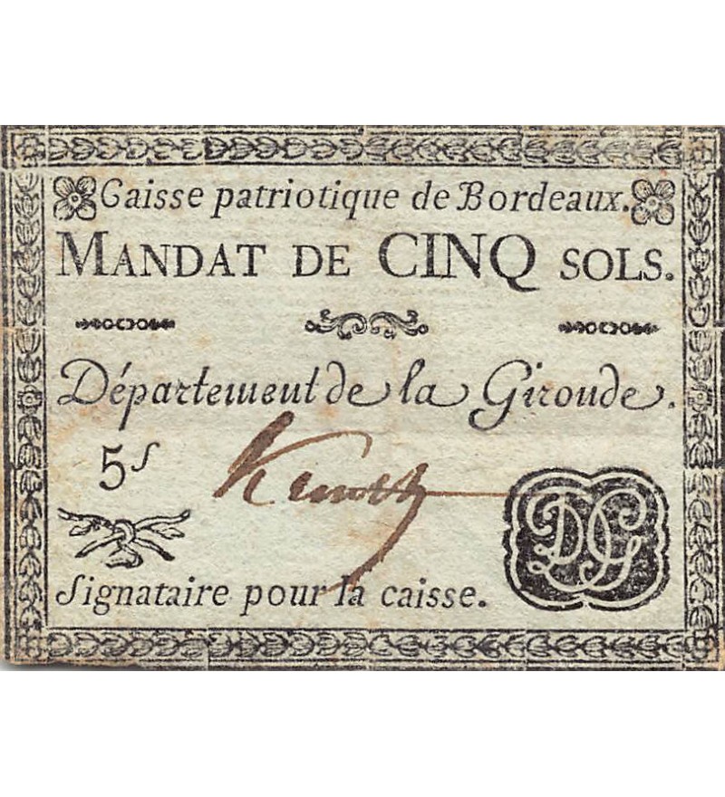 ASSIGNAT, CAISSE PATRIOTIQUE DE BORDEAUX - MANDAT DE 5 SOLS 1790 / 1793 - TTB+