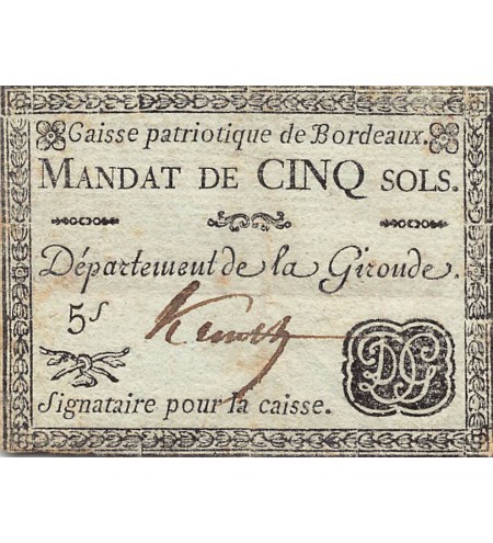 ASSIGNAT, CAISSE PATRIOTIQUE DE BORDEAUX - MANDAT DE 5 SOLS 1790 / 1793 - TTB+