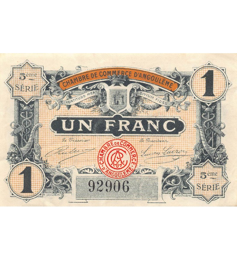 CHAMBRE DE COMMERCE D'ANGOULEME - 1 FRANC 1917 - TTB