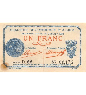 CHAMBRE DE COMMERCE D'ALGER - 1 FRANC 1923 - TTB