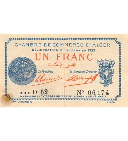 CHAMBRE DE COMMERCE D'ALGER - 1 FRANC 1923 - TTB