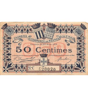 CHAMBRE DE COMMERCE DE RENNES ET SAINT-MALO - 50 CENTIMES 1915 - TTB