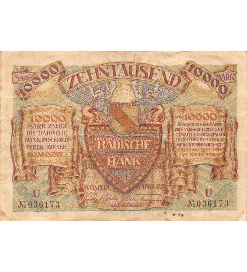 ALLEMAGNE, BADISCHE BANK - 10000 MARK 01/04/1923 - TB+