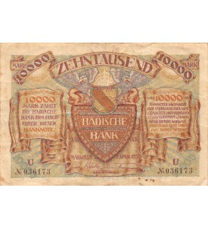 ALLEMAGNE, BADISCHE BANK - 10000 MARK 01/04/1923 - TB+ 2