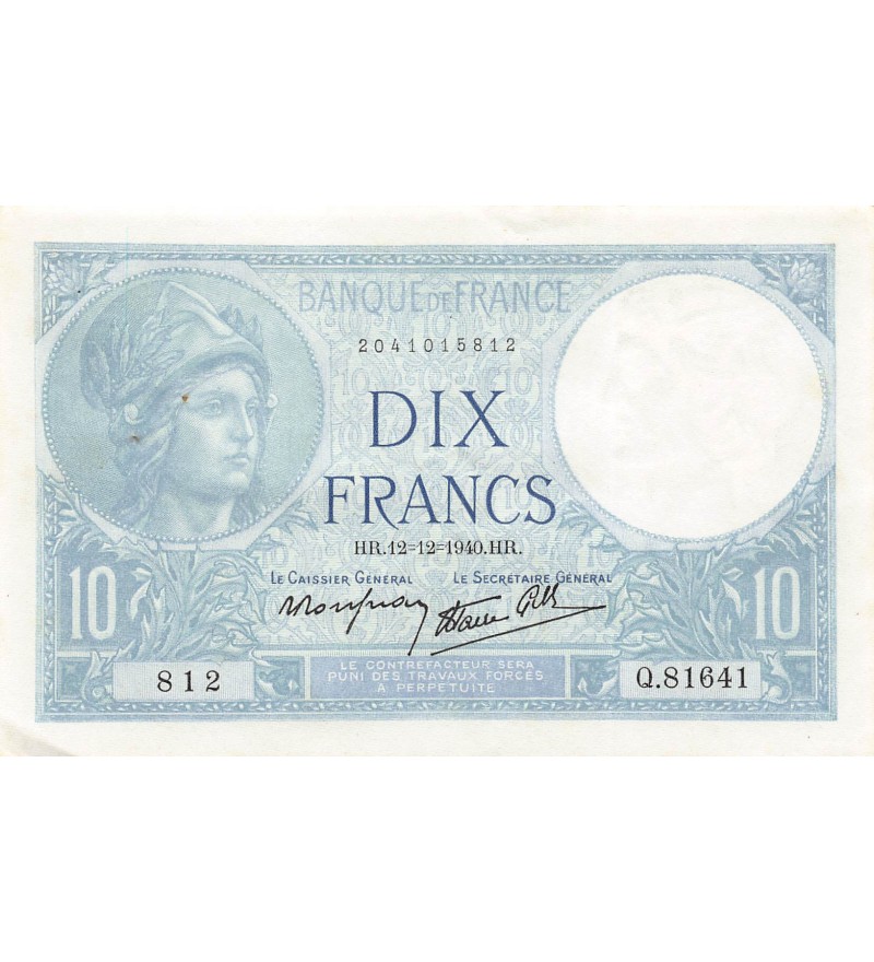 FRANCE, MINERVE - 10 FRANCS 12/12/1940 - PSUP