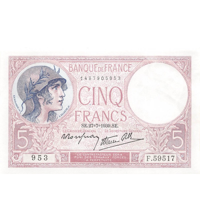 FRANCE, VIOLET - 5 FRANCS 27/07/1939 - SUP