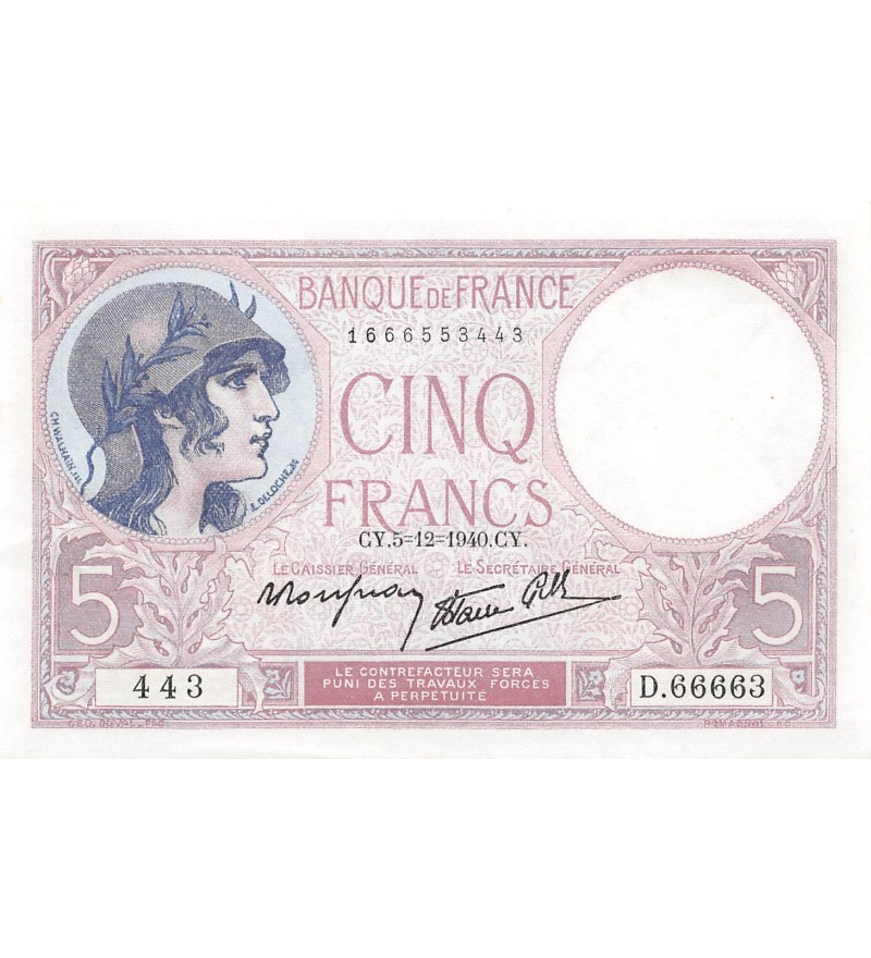 FRANCE, VIOLET - 5 FRANCS 05/12/1940 - SUP+