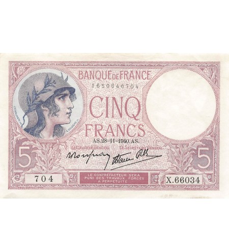 FRANCE, VIOLET - 5 FRANCS 28/11/1940 - PSUP