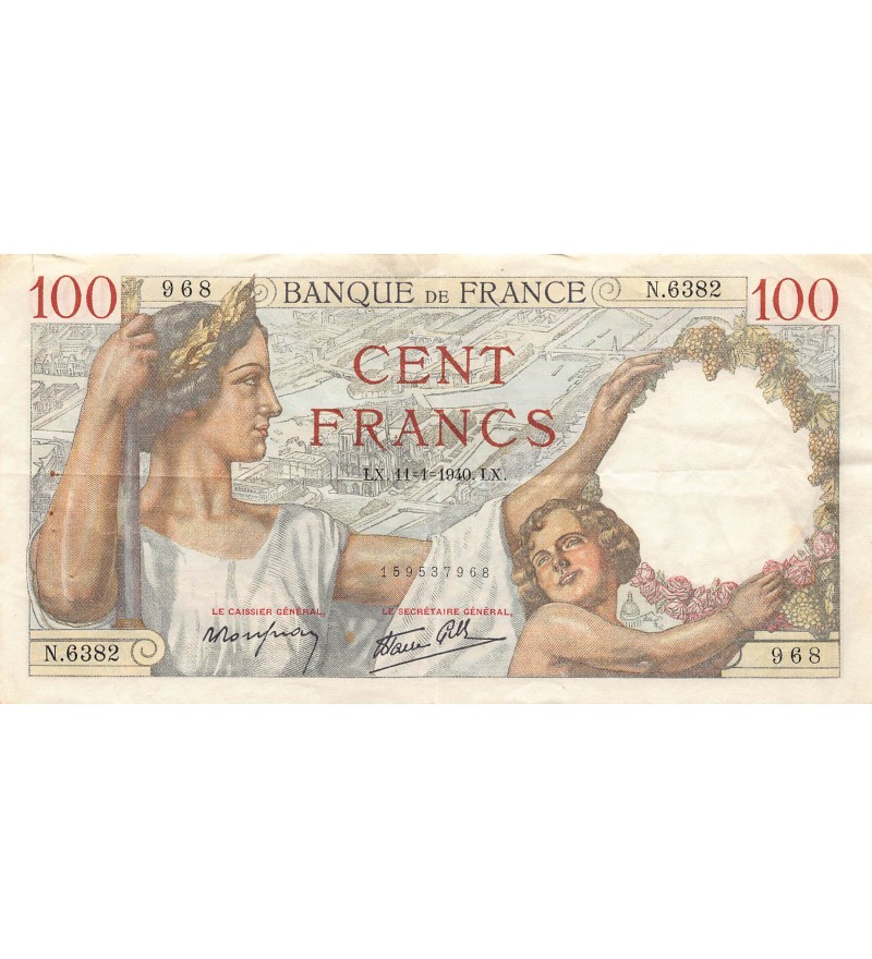 FRANCE, SULLY - 100 FRANCS 11/01/1940 - SÉRIE N.6382 - TTB