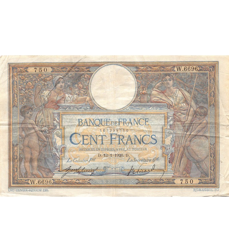 FRANCE, LUC-OLIVIER MERSON - 100 FRANCS 13/01/1920 - TB+