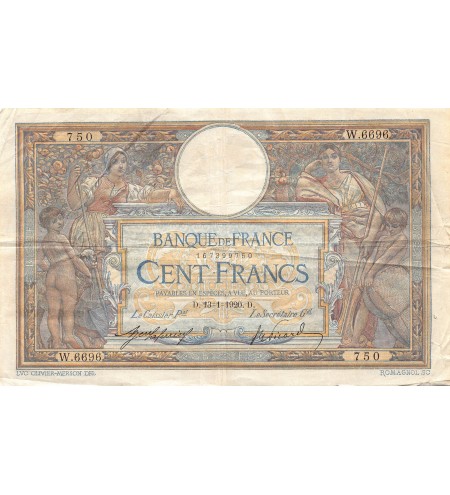FRANCE, LUC-OLIVIER MERSON - 100 FRANCS 13/01/1920 - TB+
