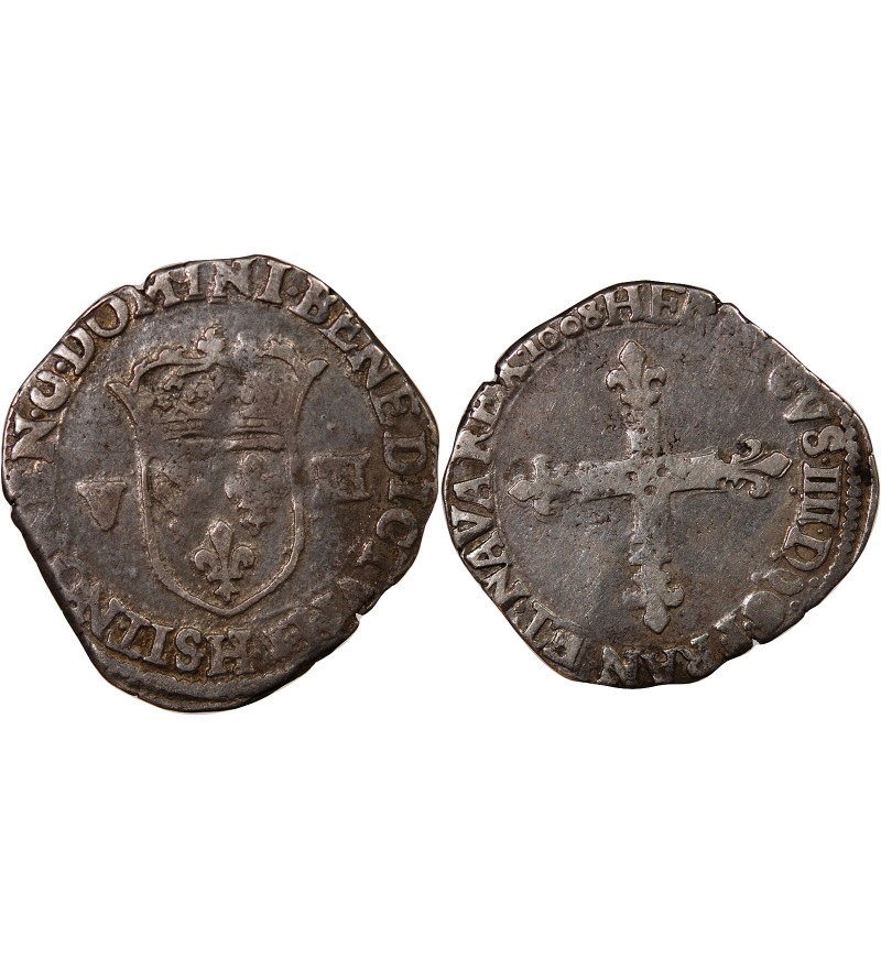 HENRI IV﻿ - 1/8 ECU ARGENT 1608 H LA ROCHELLE