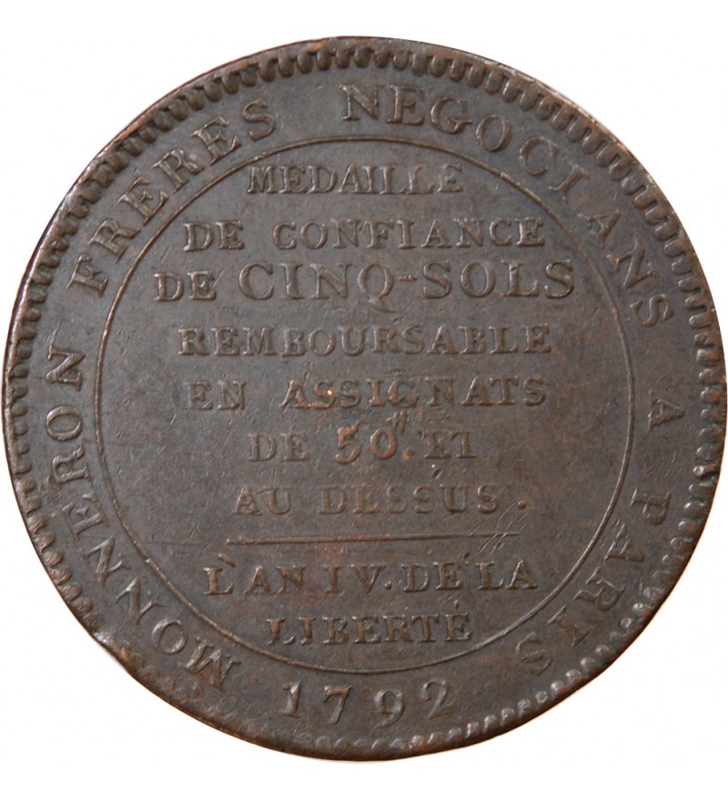 MONNAIE DE CONFIANCE - MONNERON 5 SOLS AU SERMENT 1792 L'AN IV