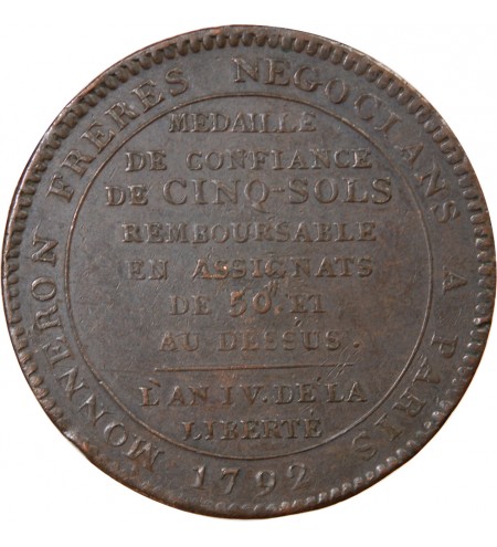 MONNAIE DE CONFIANCE - MONNERON 5 SOLS AU SERMENT 1792 L'AN IV