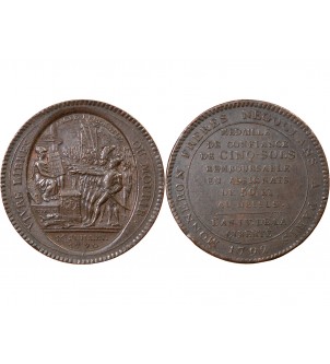 MONNAIE DE CONFIANCE - MONNERON 5 SOLS AU SERMENT 1792 L'AN IV 2