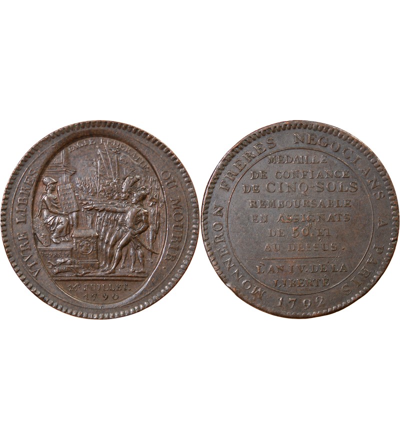 MONNAIE DE CONFIANCE - MONNERON 5 SOLS AU SERMENT 1792 L'AN IV