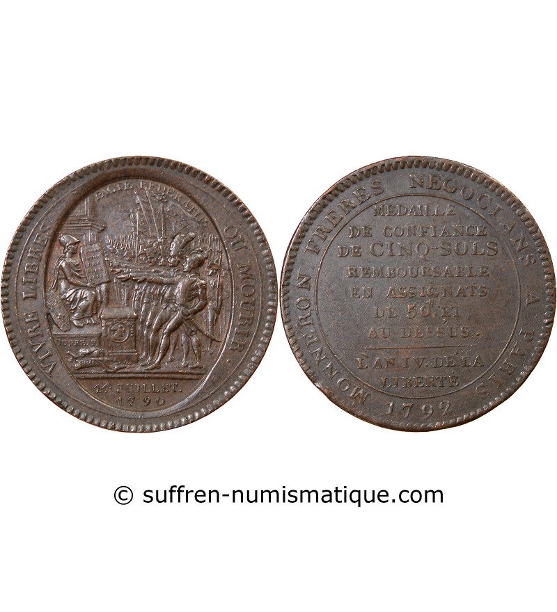 MONNAIE DE CONFIANCE - MONNERON 5 SOLS AU SERMENT 1792 L'AN IV