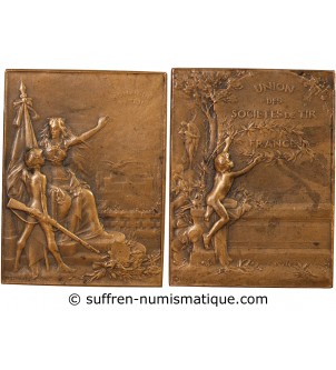 UNION DES SOCIÉTÉS DE TIR DE FRANCE - PLAQUE BRONZE poinçon Corne (après 1879)