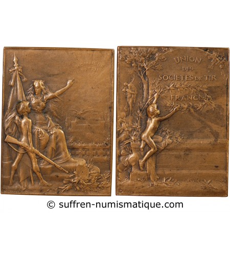 UNION DES SOCIÉTÉS DE TIR DE FRANCE - PLAQUE BRONZE poinçon Corne (après 1879)