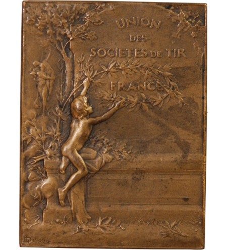 UNION DES SOCIÉTÉS DE TIR DE FRANCE - PLAQUE BRONZE poinçon Corne (après 1879)