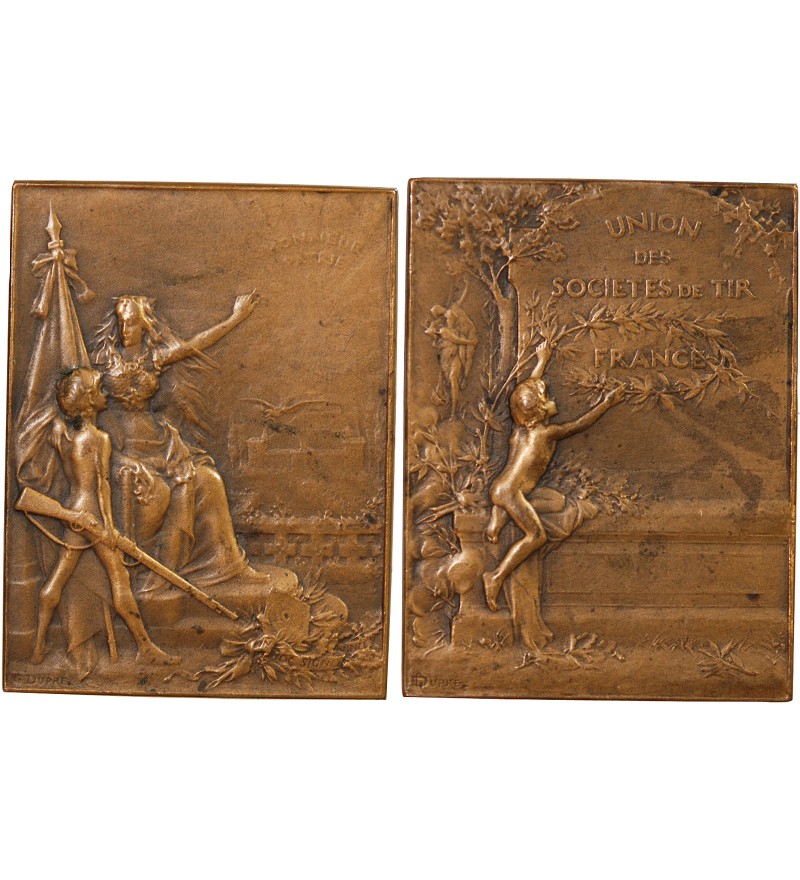 UNION DES SOCIÉTÉS DE TIR DE FRANCE - PLAQUE BRONZE poinçon Corne (après 1879)