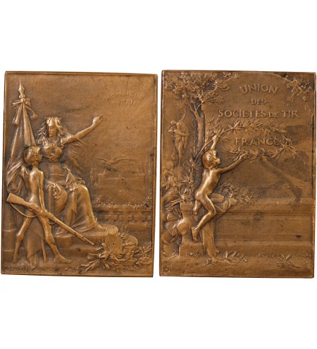 UNION DES SOCIÉTÉS DE TIR DE FRANCE - PLAQUE BRONZE poinçon Corne (après 1879)