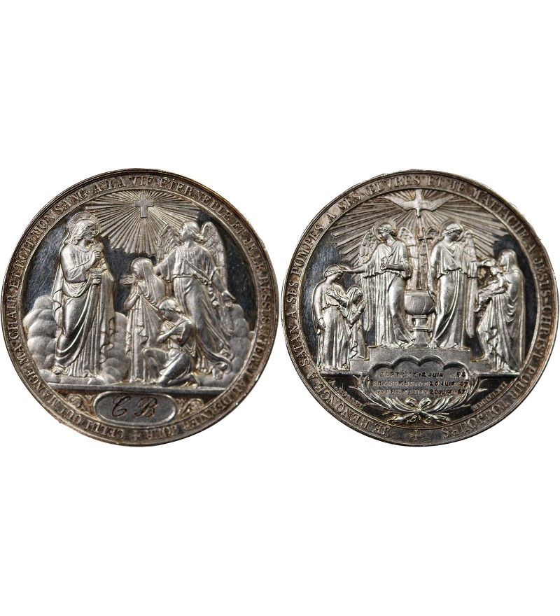 BAPTÊME, COMMUNION - MEDAILLE BRONZE ARGENTÉ inscrite en 1867