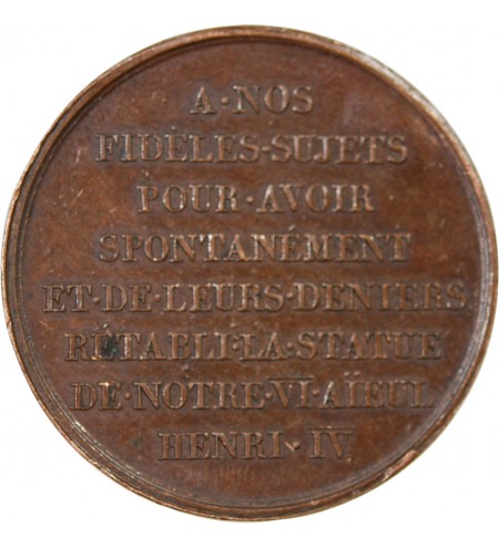LOUIS XVIII, RETABLISSEMENT DE LA STATUE D'HENRI IV - MEDAILLE CUIVRE 1817