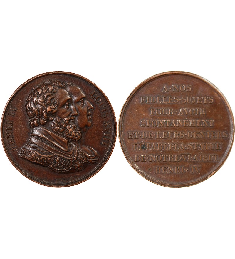 LOUIS XVIII, RETABLISSEMENT DE LA STATUE D'HENRI IV - MEDAILLE CUIVRE 1817