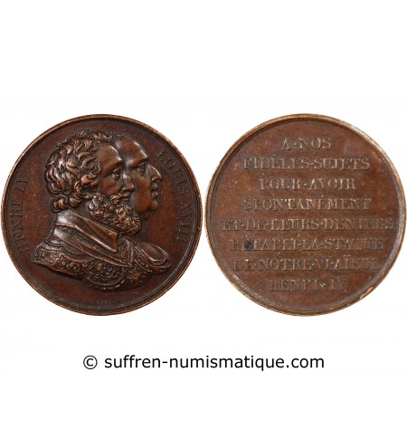 LOUIS XVIII, RETABLISSEMENT DE LA STATUE D'HENRI IV - MEDAILLE CUIVRE 1817