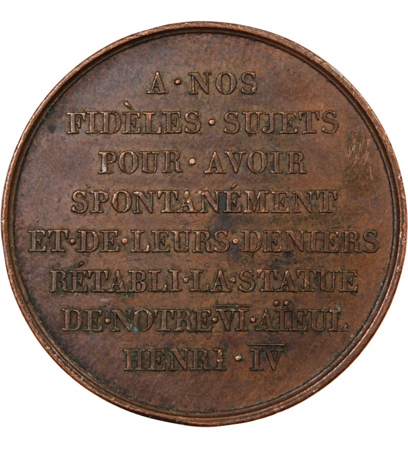 LOUIS XVIII, RETABLISSEMENT DE LA STATUE D'HENRI IV - MEDAILLE CUIVRE 1817