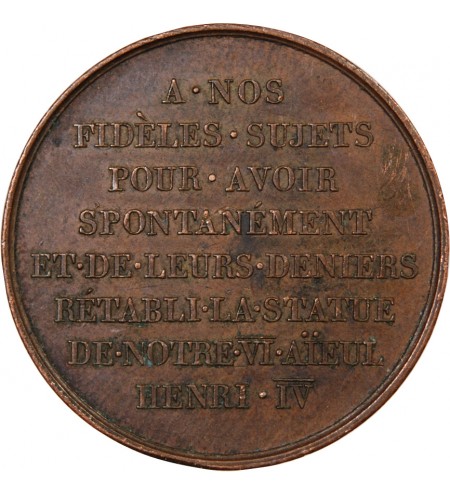 LOUIS XVIII, RETABLISSEMENT DE LA STATUE D'HENRI IV - MEDAILLE CUIVRE 1817