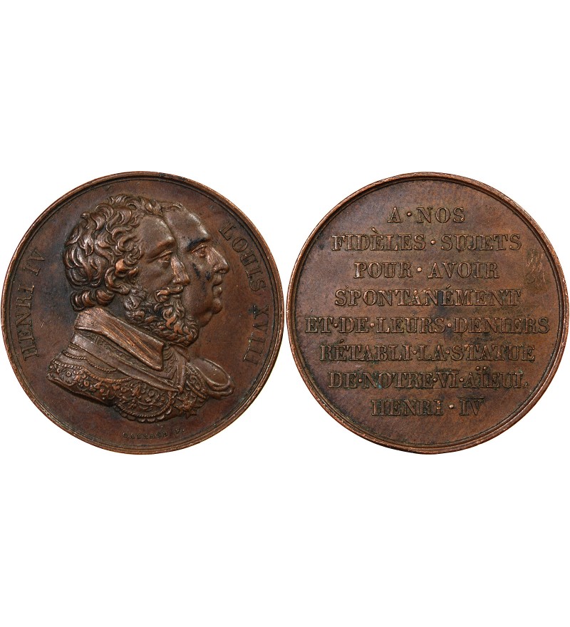 LOUIS XVIII, RETABLISSEMENT DE LA STATUE D'HENRI IV - MEDAILLE CUIVRE 1817