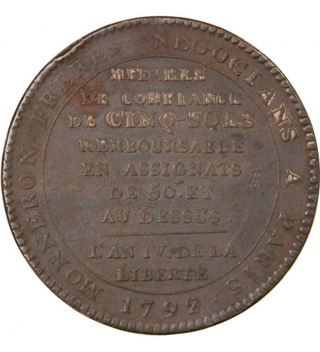 MONNAIE DE CONFIANCE - MONNERON 5 SOLS AU SERMENT 1792 L'AN IV