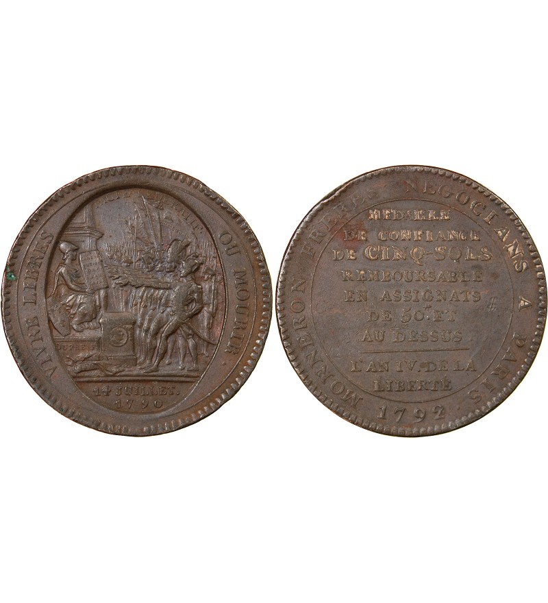 MONNAIE DE CONFIANCE - MONNERON 5 SOLS AU SERMENT 1792 L'AN IV