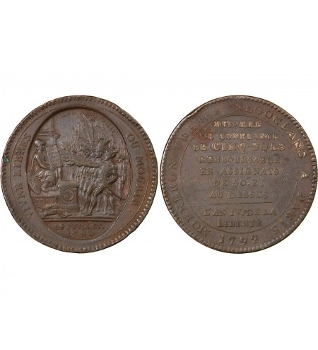 MONNAIE DE CONFIANCE - MONNERON 5 SOLS AU SERMENT 1792 L'AN IV