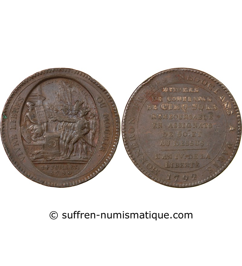 MONNAIE DE CONFIANCE - MONNERON 5 SOLS AU SERMENT 1792 L'AN IV