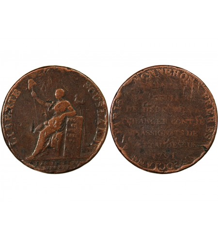 MONNAIE DE CONFIANCE - MONNERON 2 SOLS A LA LIBERTE 1791 L'AN III