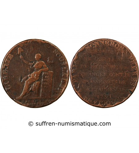MONNAIE DE CONFIANCE - MONNERON 2 SOLS A LA LIBERTE 1791 L'AN III