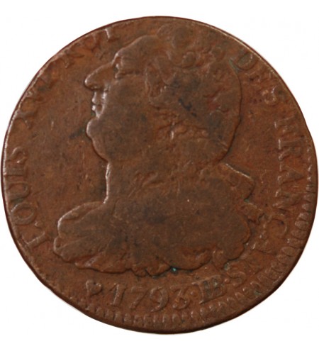 LOUIS XVI, CONSTITUTION - 2 SOLS AU FAISCEAU 1793 BB STRASBOURG