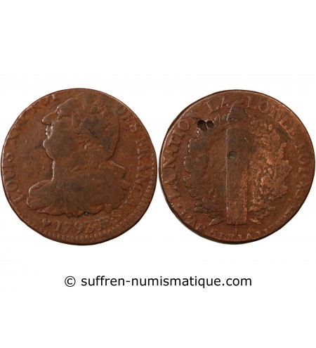 LOUIS XVI, CONSTITUTION - 2 SOLS AU FAISCEAU 1793 BB STRASBOURG