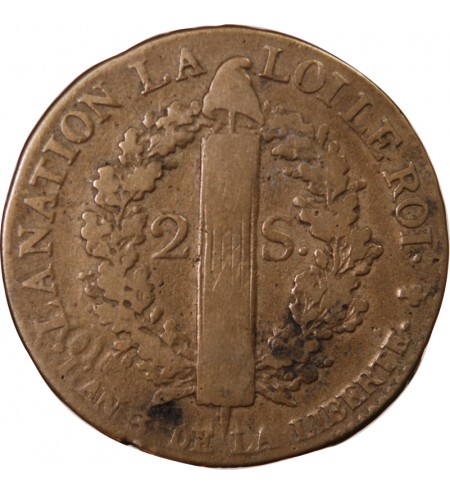 LOUIS XVI, CONSTITUTION - 2 SOLS AU FAISCEAU 1791 A PARIS