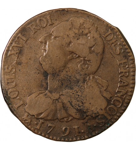 LOUIS XVI, CONSTITUTION - 2 SOLS AU FAISCEAU 1791 A PARIS