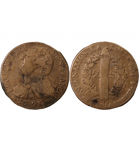 LOUIS XVI, CONSTITUTION - 2 SOLS AU FAISCEAU 1791 A PARIS