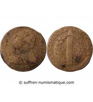 LOUIS XVI, CONSTITUTION - 2 SOLS AU FAISCEAU 1791 A PARIS