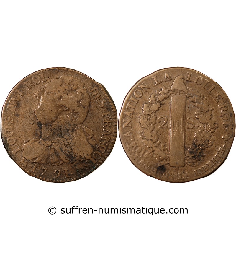 LOUIS XVI, CONSTITUTION - 2 SOLS AU FAISCEAU 1791 A PARIS