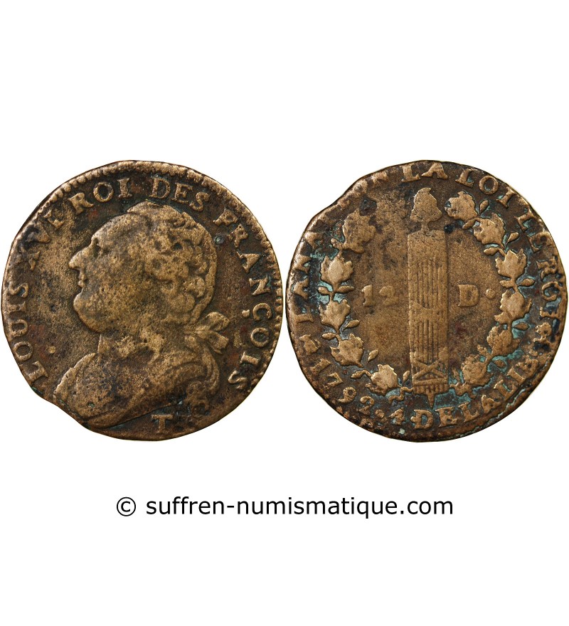 LOUIS XVI, CONSTITUTION - 12 DENIERS 1792 T NANTES